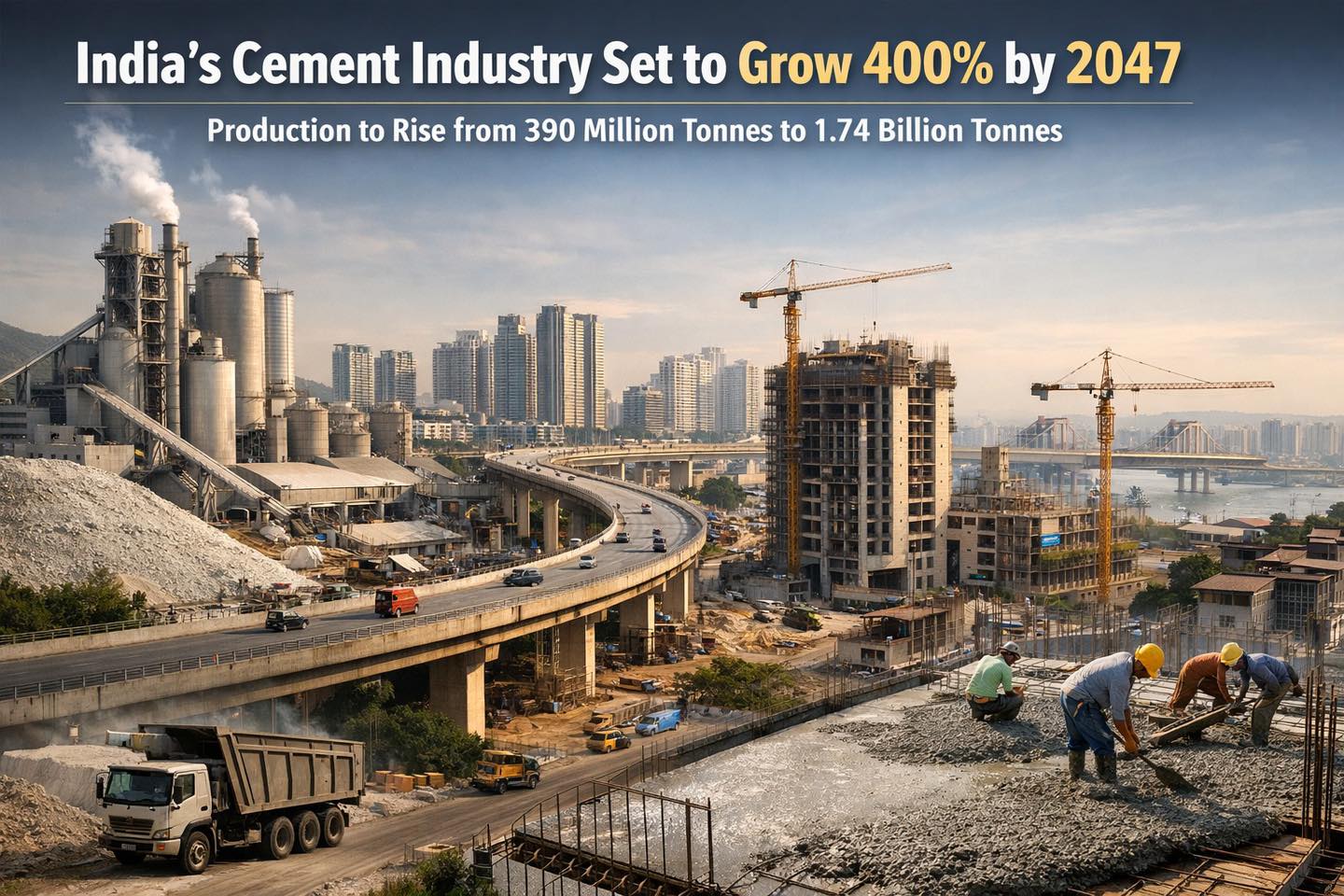 India’s Cement industry set to grow 400% by 2047, production quantity to rise from 390 million tonnes to 1.74 Billion tonnes. 