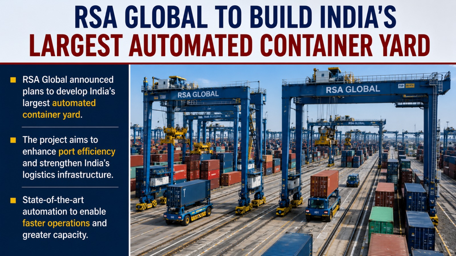 RSA Global announced plans to develop India's largest automated container yard.